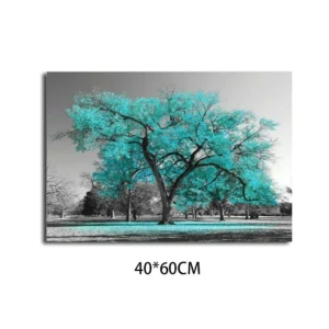 Large Tree Teal Leaves Black White Canvas Painting Wall Art